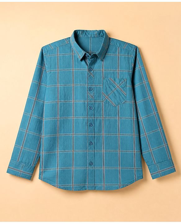 Pine Kids 100% Cotton Woven Shirts with Tank Top and Full Sleeves and Mountains Print - Turquoise