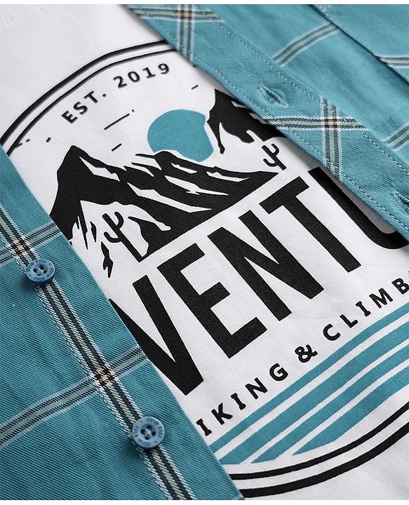 Pine Kids 100% Cotton Woven Shirts with Tank Top and Full Sleeves and Mountains Print - Turquoise