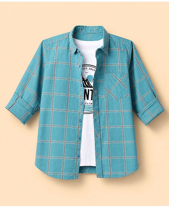 Pine Kids 100% Cotton Woven Shirts with Tank Top and Full Sleeves and Mountains Print - Turquoise