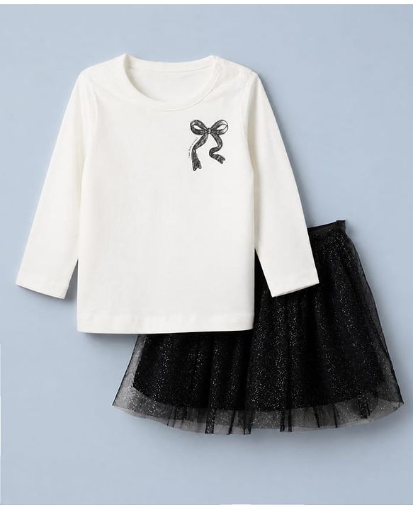 Babyhug 100% Cotton Single Jersey Knit Full Sleeves Top and Skirt Set with Bow Print in White