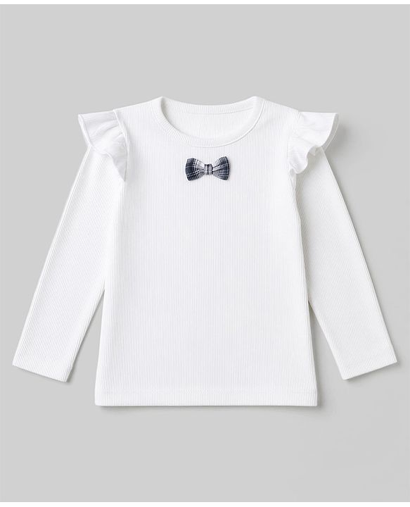 Babyhug 100% Cotton Single Jersey Knit Full Sleeves Top & Checked Skirt Set With Bow Applique - Blue & White