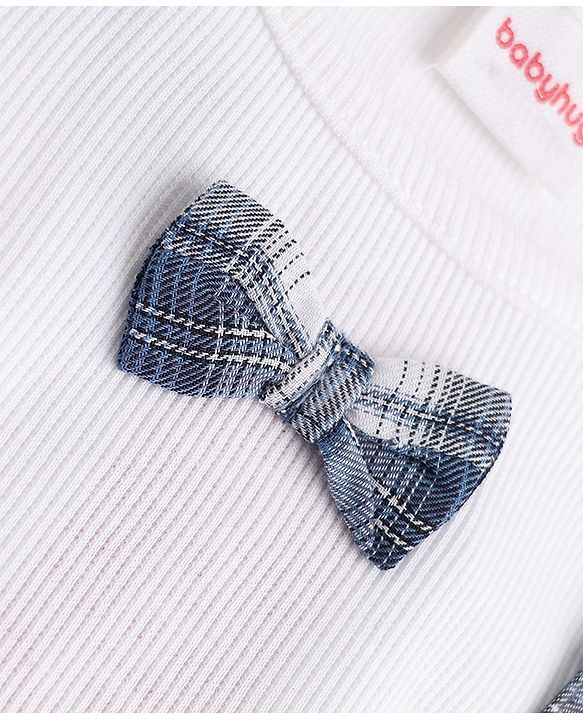Babyhug 100% Cotton Single Jersey Knit Full Sleeves Top & Checked Skirt Set With Bow Applique - Blue & White