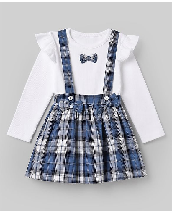 Babyhug 100% Cotton Single Jersey Knit Full Sleeves Top & Checked Skirt Set With Bow Applique - Blue & White