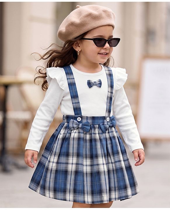 Babyhug 100% Cotton Single Jersey Knit Full Sleeves Top & Checked Skirt Set With Bow Applique - Blue & White