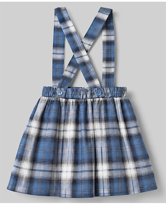 Babyhug 100% Cotton Single Jersey Knit Full Sleeves Top & Checked Skirt Set With Bow Applique - Blue & White