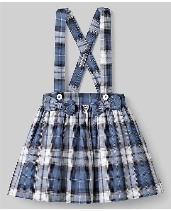 Babyhug 100% Cotton Single Jersey Knit Full Sleeves Top & Checked Skirt Set With Bow Applique - Blue & White