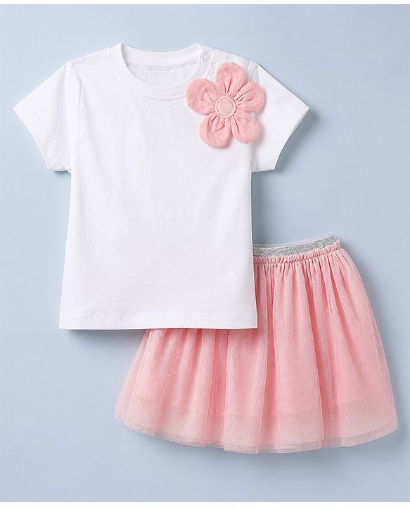 Babyhug 100% Cotton Knit Half Sleeves Top and Skirt Set With Floral Print - White