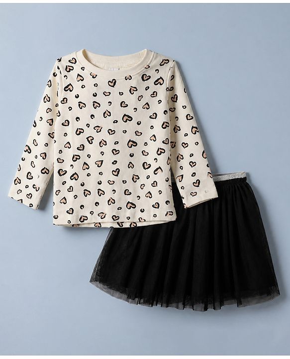 Babyhug Single Jersey Knit Full Sleeves Leopard Printed Top & Skirt Set - Cream