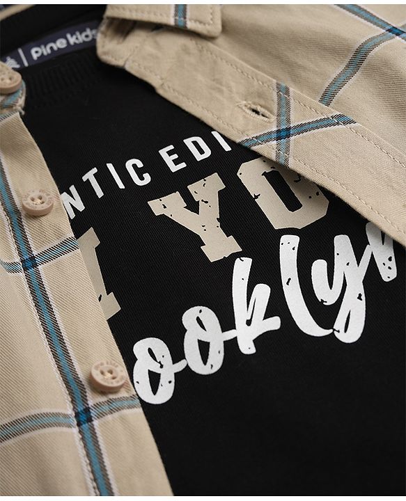 Pine Kids 100% Cotton Woven Shirt with T Shirt Full Sleeves and Authentic Edition New York Brooklyn Print in Beige