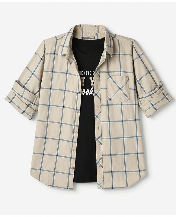 Pine Kids 100% Cotton Woven Shirt with T Shirt Full Sleeves and Authentic Edition New York Brooklyn Print in Beige
