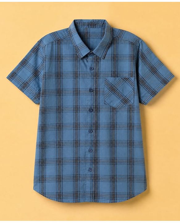 Pine Kids 100% Cotton Woven Half Sleeves Checked Shirt and T-Shirt with Progress With Process Text Print in Light Blue