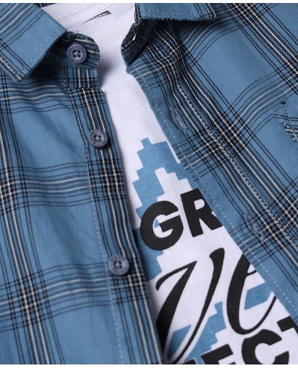 Pine Kids 100% Cotton Woven Half Sleeves Checked Shirt and T-Shirt with Progress With Process Text Print in Light Blue