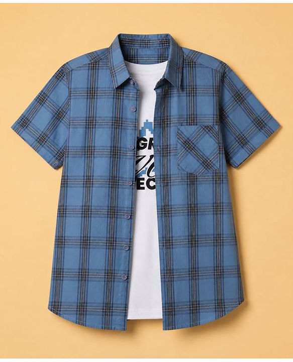 Pine Kids 100% Cotton Woven Half Sleeves Checked Shirt and T-Shirt with Progress With Process Text Print in Light Blue
