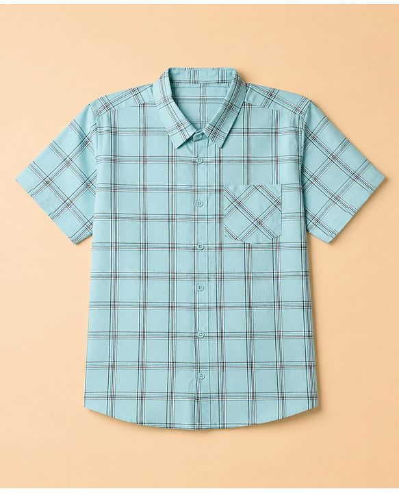 Pine Kids 100% Cotton Woven Full Sleeves Checks Shirts and T-shirt with Half Sleeves and Aviation Text Print - Mint Green