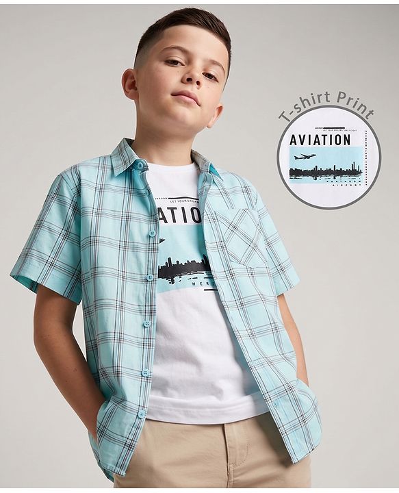 Pine Kids 100% Cotton Woven Full Sleeves Checks Shirts and T-shirt with Half Sleeves and Aviation Text Print - Mint Green