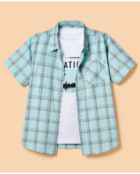 Pine Kids 100% Cotton Woven Full Sleeves Checks Shirts and T-shirt with Half Sleeves and Aviation Text Print - Mint Green