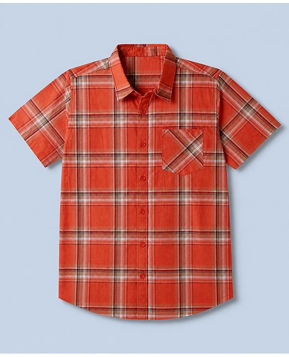 Pine Kids 100% Cotton Woven Checks Shirt with T-Shirt and Half Sleeves in Rust Orange