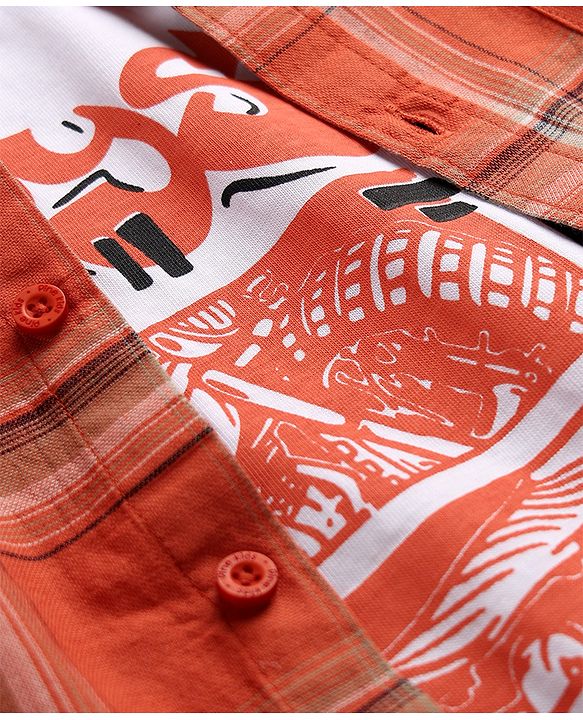 Pine Kids 100% Cotton Woven Checks Shirt with T-Shirt and Half Sleeves in Rust Orange