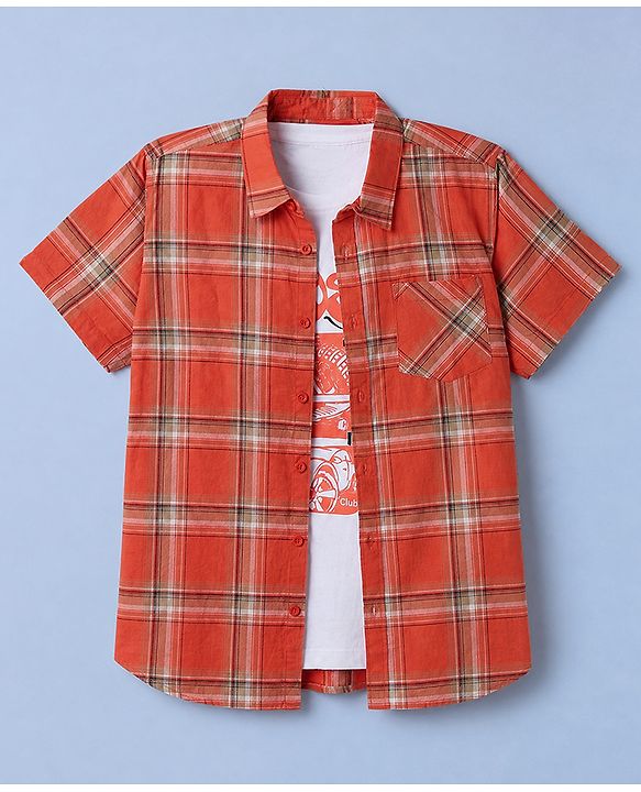 Pine Kids 100% Cotton Woven Checks Shirt with T-Shirt and Half Sleeves in Rust Orange