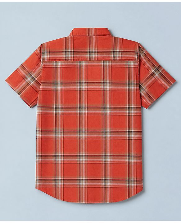 Pine Kids 100% Cotton Woven Checks Shirt with T-Shirt and Half Sleeves in Rust Orange