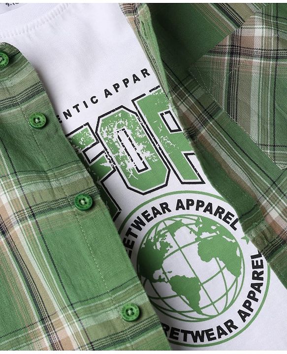 Pine Kids 100% Cotton Woven Half Sleeves Checked Shirt and T-Shirt with California Text Print - Green