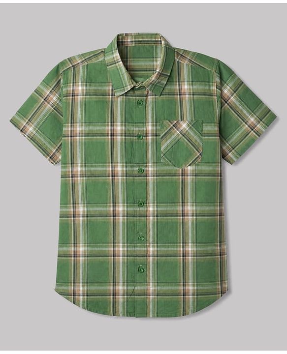 Pine Kids 100% Cotton Woven Half Sleeves Checked Shirt and T-Shirt with California Text Print - Green