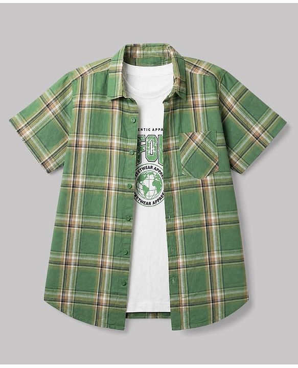 Pine Kids 100% Cotton Woven Half Sleeves Checked Shirt and T-Shirt with California Text Print - Green