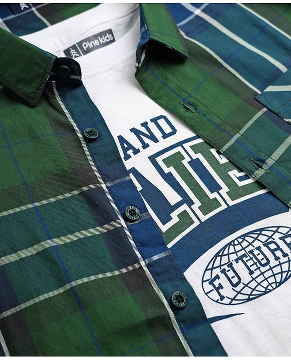 Pine Kids Cotton Woven Half Sleeves Checks Shirt With Text Printed Tee - Olive Green