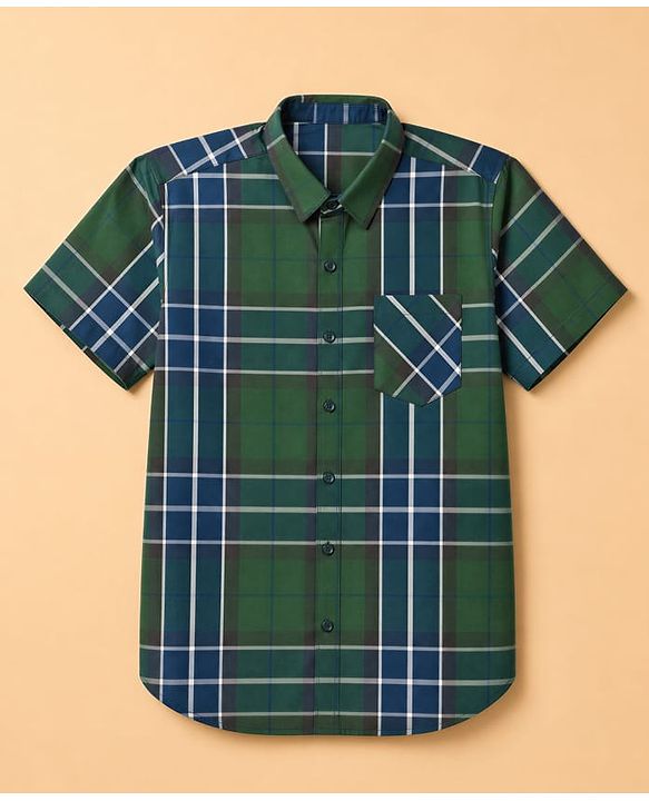Pine Kids Cotton Woven Half Sleeves Checks Shirt With Text Printed Tee - Olive Green