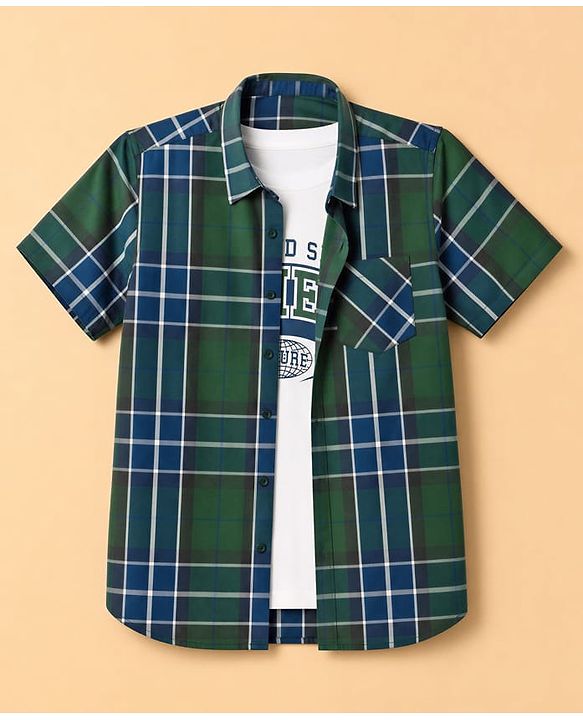 Pine Kids Cotton Woven Half Sleeves Checks Shirt With Text Printed Tee - Olive Green