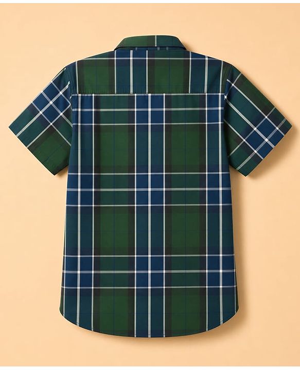 Pine Kids Cotton Woven Half Sleeves Checks Shirt With Text Printed Tee - Olive Green