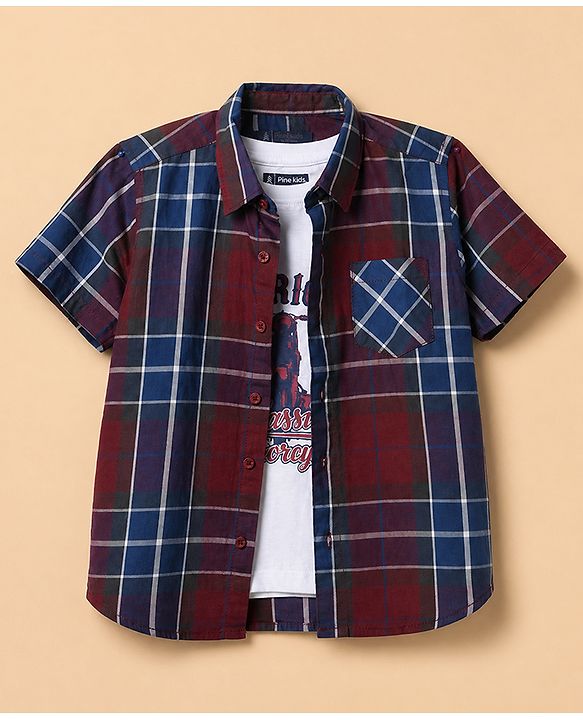 Pine Kids Cotton Woven Half Sleeves Checks Shirt and T Shirt with American Classic Motorcycle Print in Maroon
