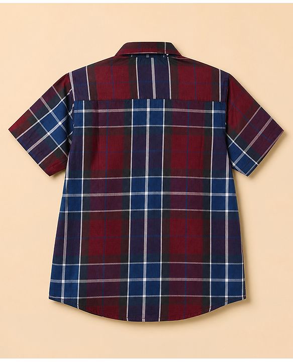 Pine Kids Cotton Woven Half Sleeves Checks Shirt and T Shirt with American Classic Motorcycle Print in Maroon