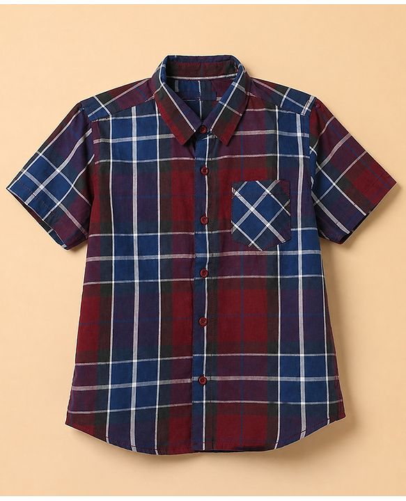 Pine Kids Cotton Woven Half Sleeves Checks Shirt and T Shirt with American Classic Motorcycle Print in Maroon