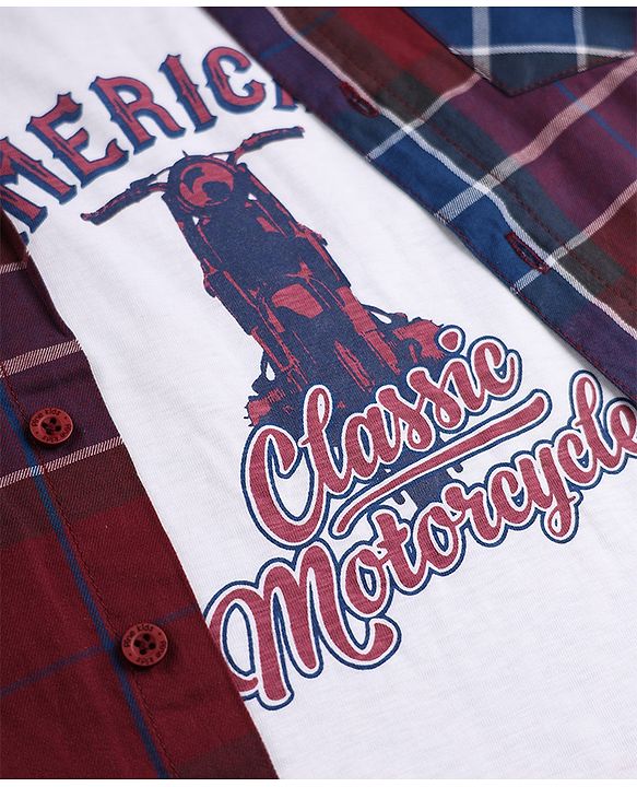 Pine Kids Cotton Woven Half Sleeves Checks Shirt and T Shirt with American Classic Motorcycle Print in Maroon