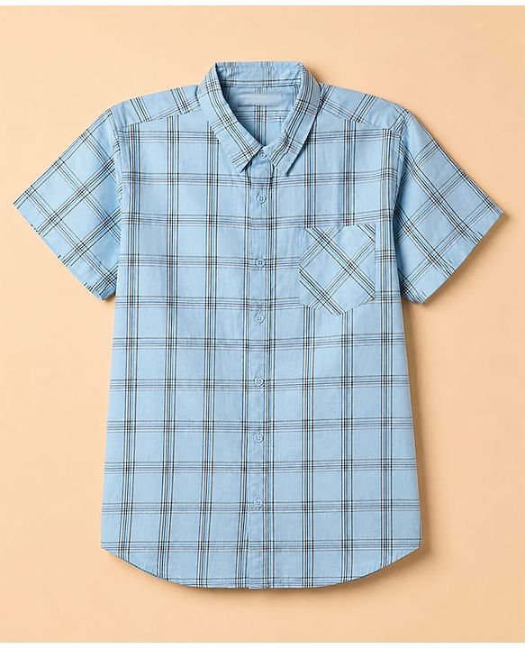 Pine Kids 100% Cotton Woven Full Sleeves Checks Shirts and T-shirt with Half Sleeves and Forever Skating Text Print - Light Blue