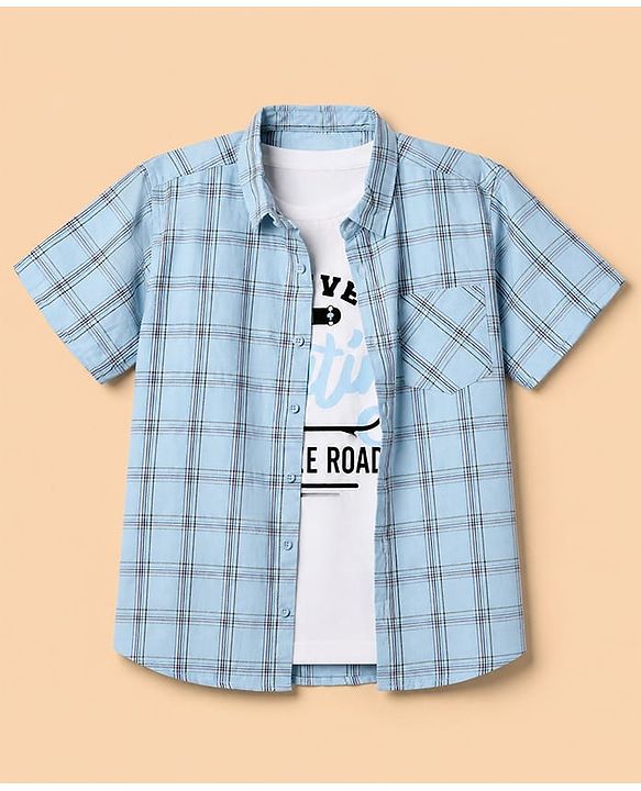 Pine Kids 100% Cotton Woven Full Sleeves Checks Shirts and T-shirt with Half Sleeves and Forever Skating Text Print - Light Blue