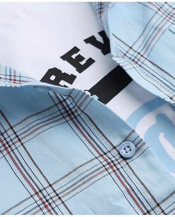 Pine Kids 100% Cotton Woven Full Sleeves Checks Shirts and T-shirt with Half Sleeves and Forever Skating Text Print - Light Blue