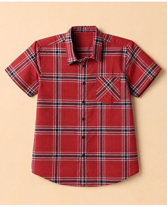 Pine Kids 100% Cotton Woven Half Sleeves Checks Shirts and T-Shirt in Maroon for 4-5 Years