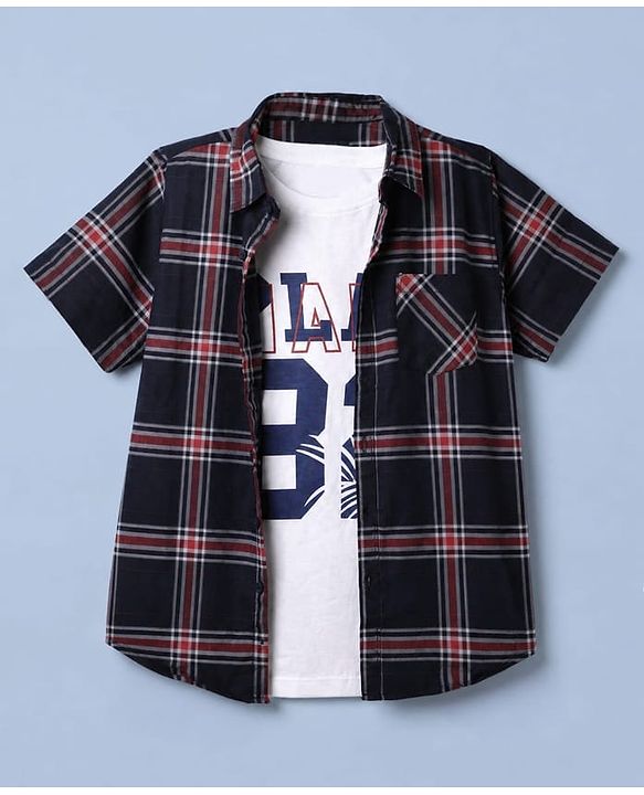 Pine Kids 100% Cotton Woven Half Sleeves Checked Shirt and T-Shirt with Play 82 Print - Navy Blue