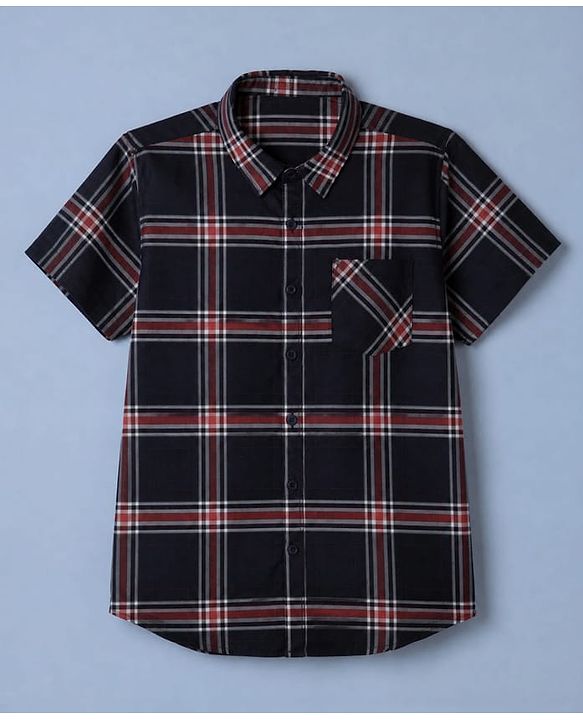 Pine Kids 100% Cotton Woven Half Sleeves Checked Shirt and T-Shirt with Play 82 Print - Navy Blue