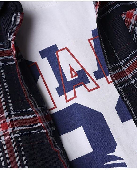 Pine Kids 100% Cotton Woven Half Sleeves Checked Shirt and T-Shirt with Play 82 Print - Navy Blue