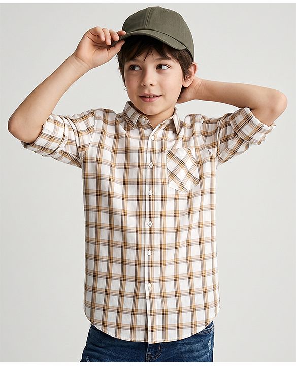 Pine Kids Cotton Woven Checks Shirt with Full Sleeves in Beige