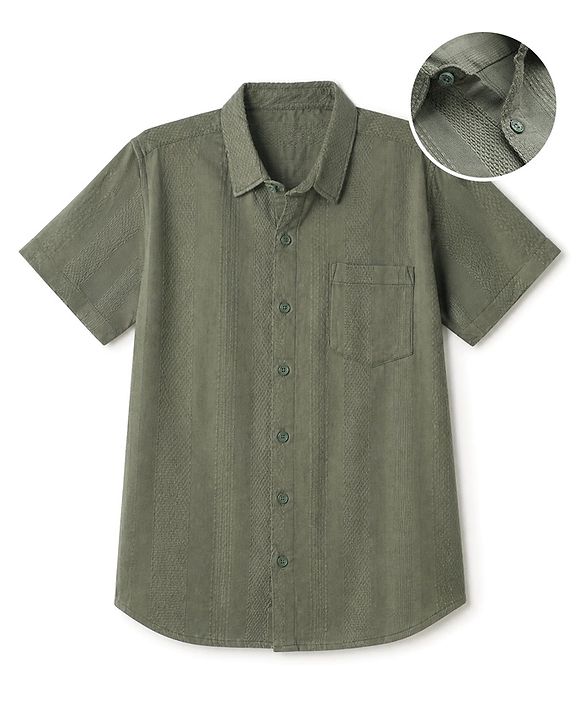 Pine Kids Cotton Woven Shirt with Half Sleeves in Olive Green for 4-5 Years