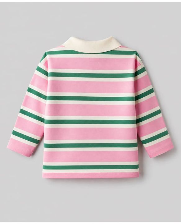 Babyhug Disney 100% Cotton Single Jersey Knit Full Sleeves Striped Polo T-Shirt With Lilo & Stitch Graphic - Pink