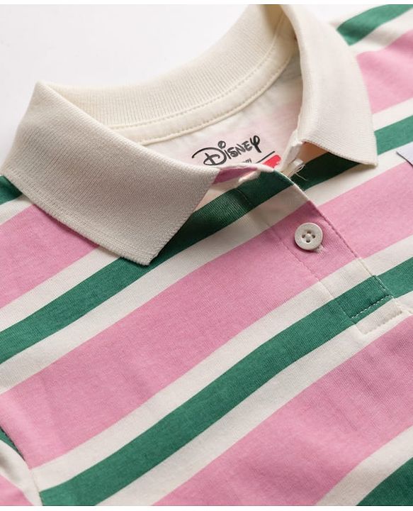 Babyhug Disney 100% Cotton Single Jersey Knit Full Sleeves Striped Polo T-Shirt With Lilo & Stitch Graphic - Pink