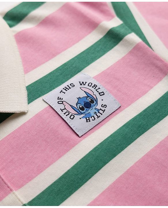 Babyhug Disney 100% Cotton Single Jersey Knit Full Sleeves Striped Polo T-Shirt With Lilo & Stitch Graphic - Pink
