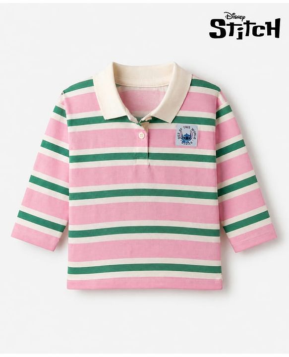 Babyhug Disney 100% Cotton Single Jersey Knit Full Sleeves Striped Polo T-Shirt With Lilo & Stitch Graphic - Pink