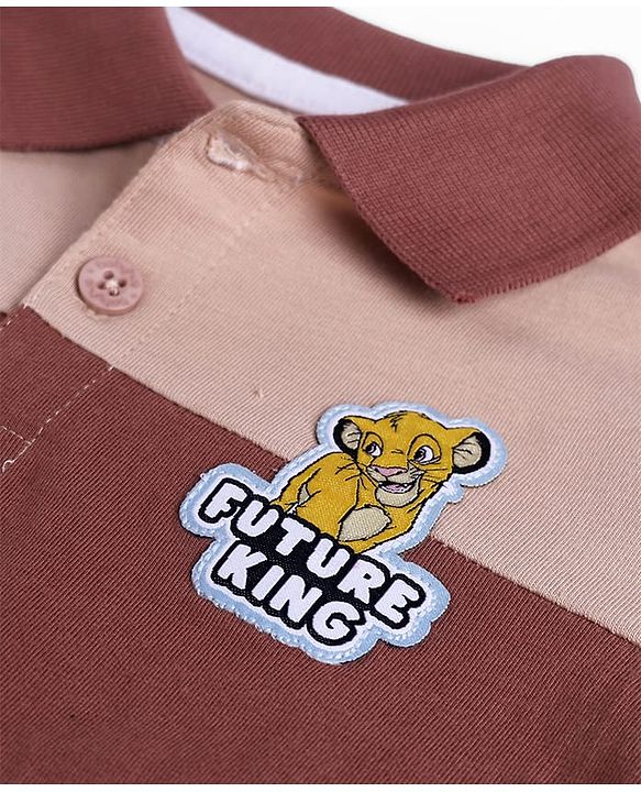 Babyhug Disney 100% Cotton Single Jersey Knit Full Sleeves Polo T-Shirt with Lion Patch in Beige
