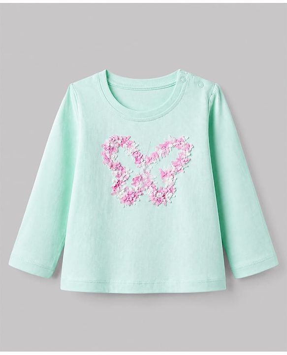 Babyhug 100% Cotton Knit T-Shirt with Full Sleeves and Butterfly Applique in Light/Sky Blue for 6-9 Months